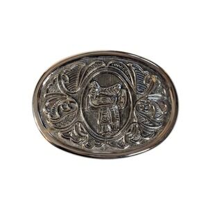 Vintage Avon Silver Tone Western Belt Buckle Oval Horse Saddle Cowboy Metal